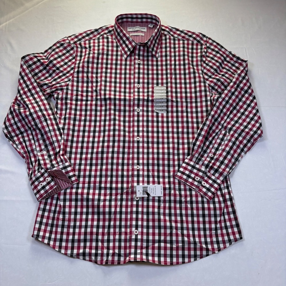 Nick Graham Everywhere Men Stretch Modern Fit Red Gingham Dress Shirt N7GTS409 L